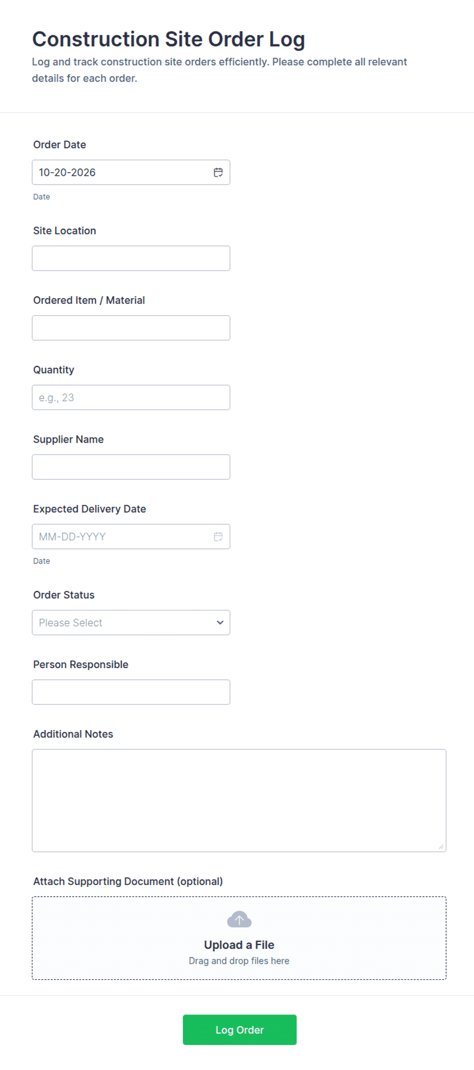 Construction Site Order Log Form Template | Jotform