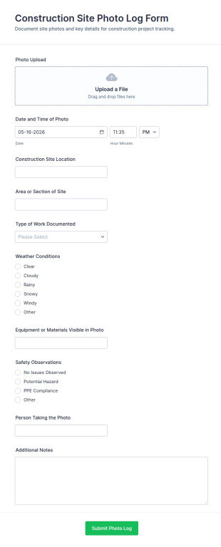 Construction Site Photo Log Form Template