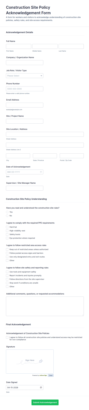 Construction Site Policy Acknowledgement Form Template