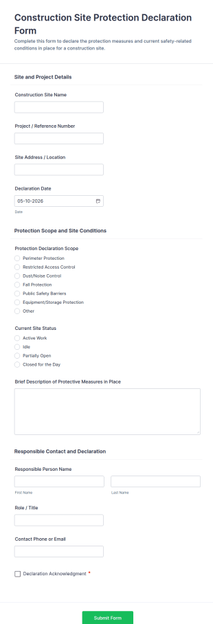Construction Site Protection Declaration Form Template
