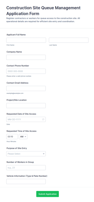Construction Site Queue Management Application Form Template