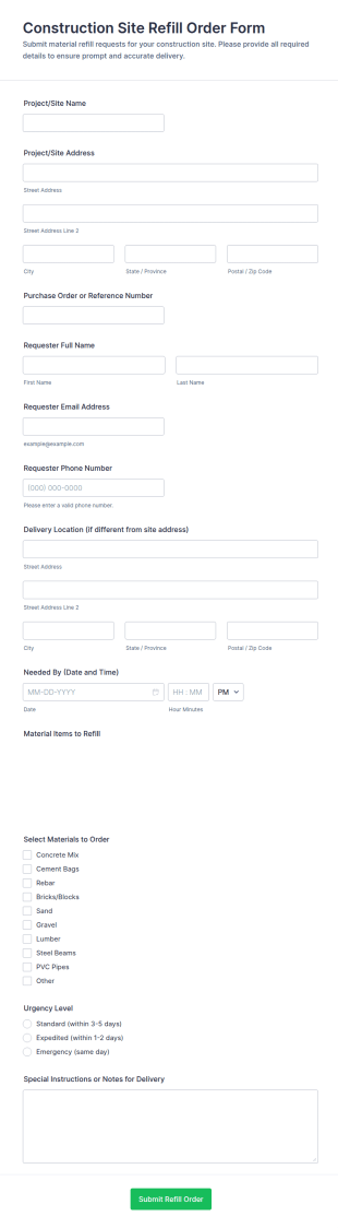 Construction Site Refill Order Form Template