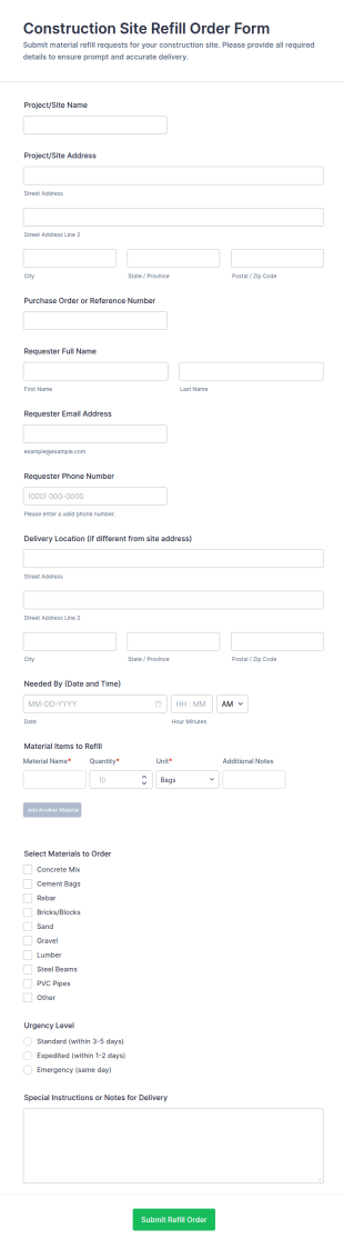 Construction Site Refill Order Form Template