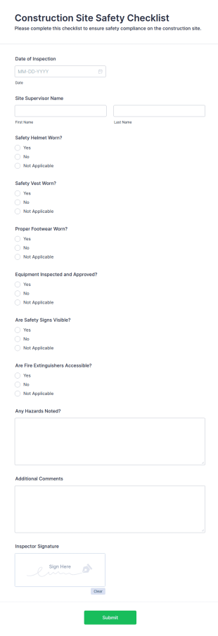 Construction Site Safety Checklist Form Template