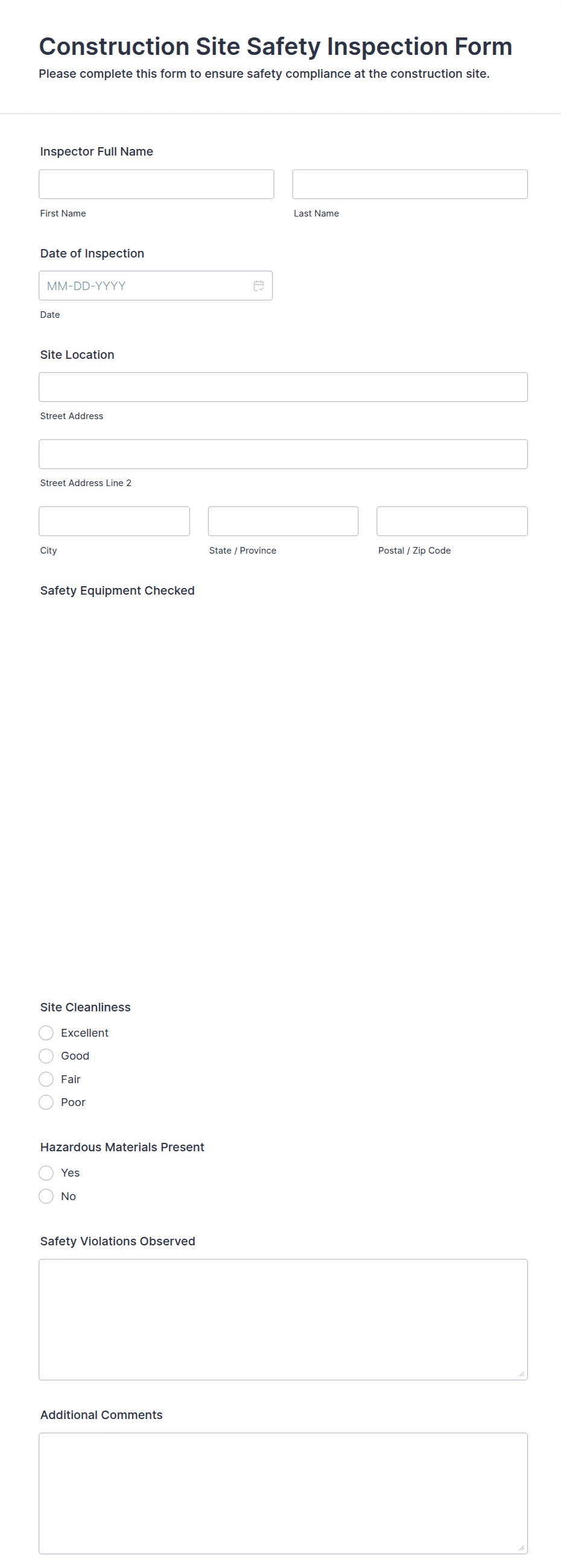 Construction Site Safety Inspection Form Template | Jotform
