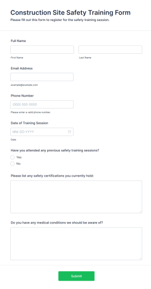 Construction Site Safety Training Form Template