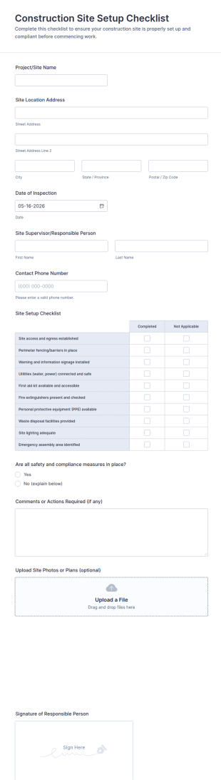 Construction Site Setup Checklist Form Template