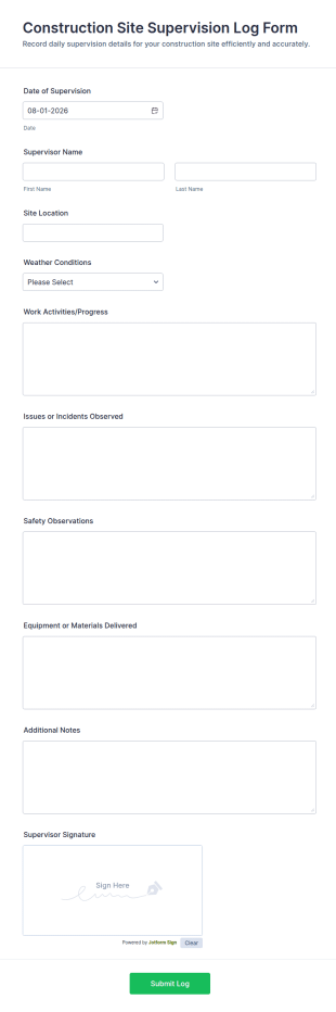Construction Site Supervision Log Form Template
