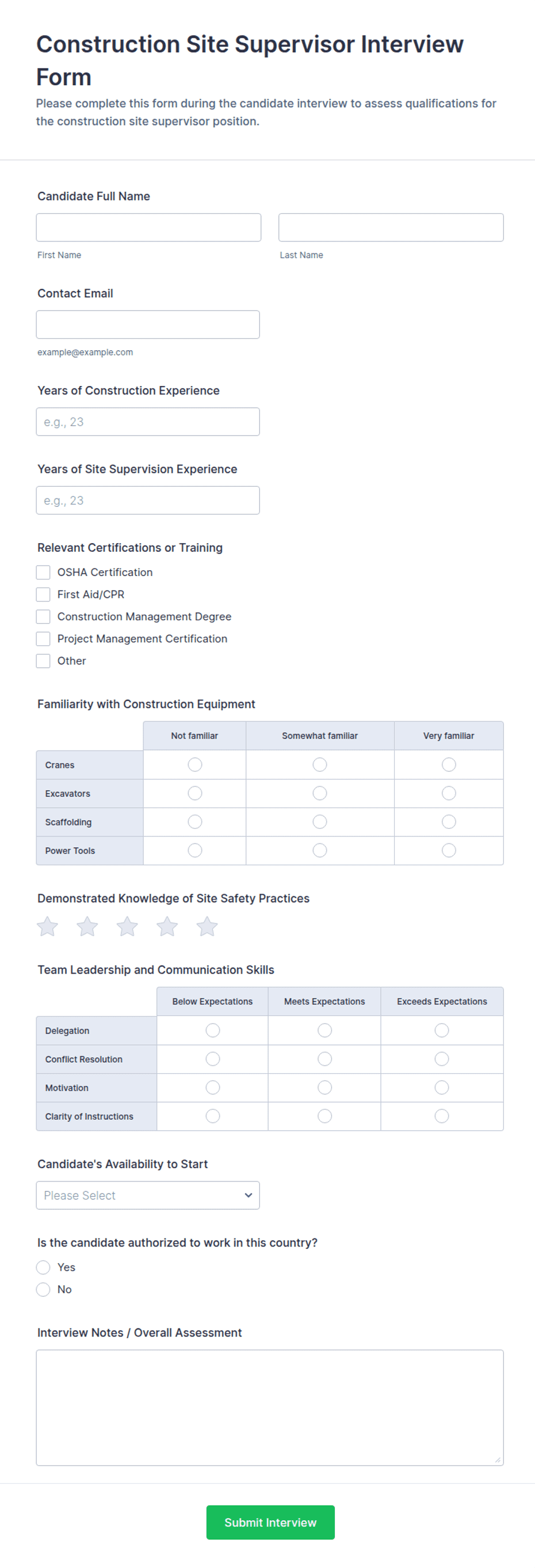 Construction Site Supervisor Interview Form Template | Jotform