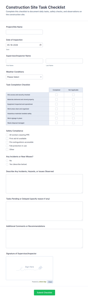 Construction Site Task Checklist Form Template