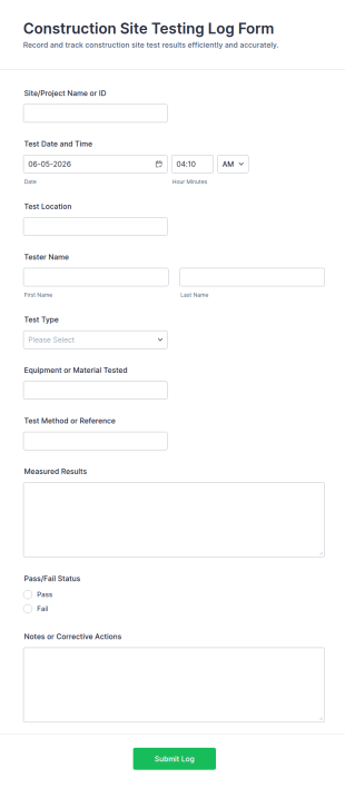 Construction Site Testing Log Form Template