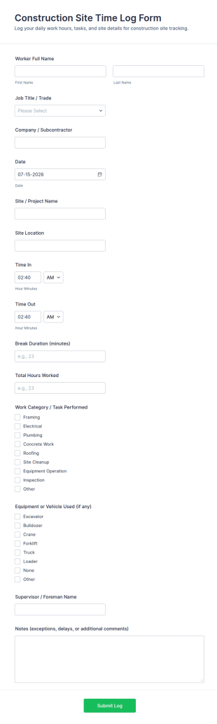 Construction Site Time Log Form Template
