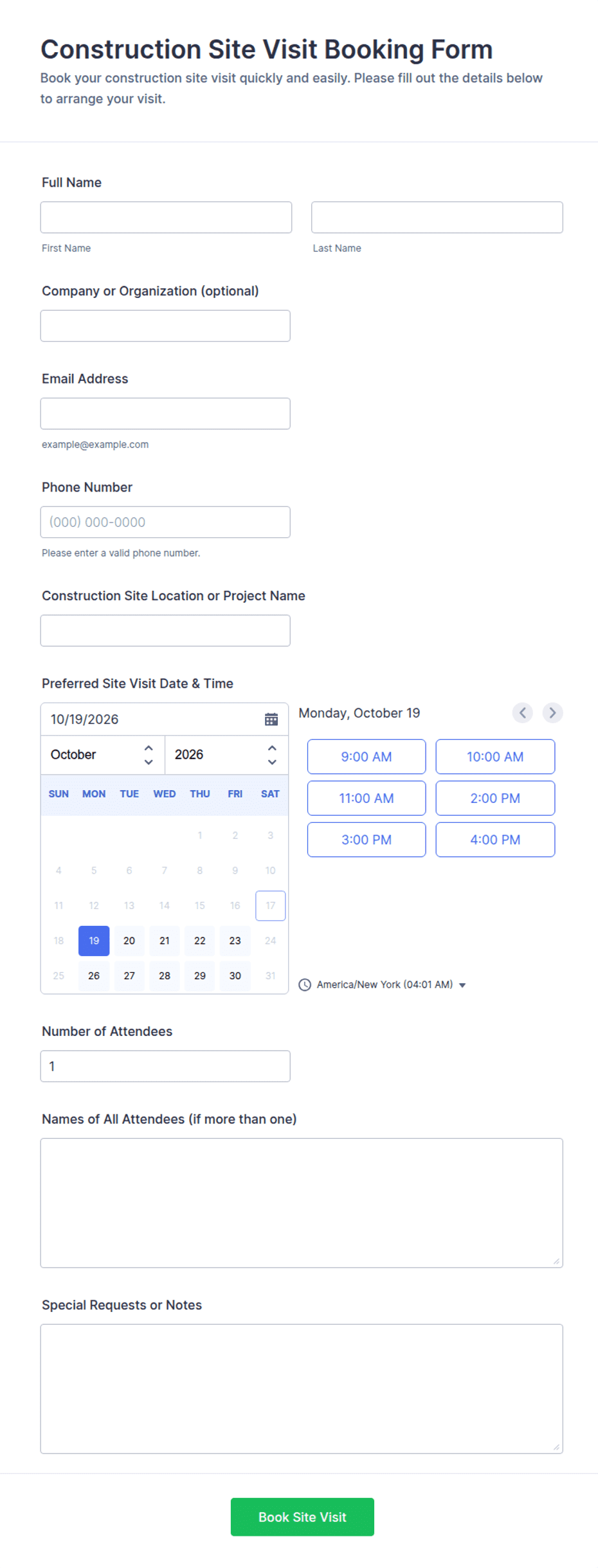 Construction Site Visit Booking Form Template | Jotform