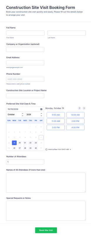 Construction Site Visit Booking Form Template