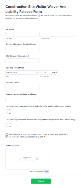 Construction Site Visitor Waiver And Liability Release Form Template