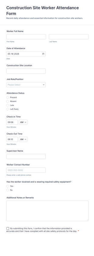 Construction Site Worker Attendance Form Template