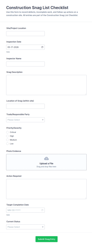 Construction Snag List Checklist Form Template