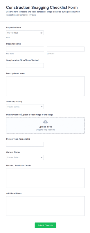 Construction Snagging Checklist Form Template