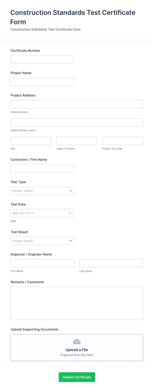 Construction Standards Test Certificate Form Template