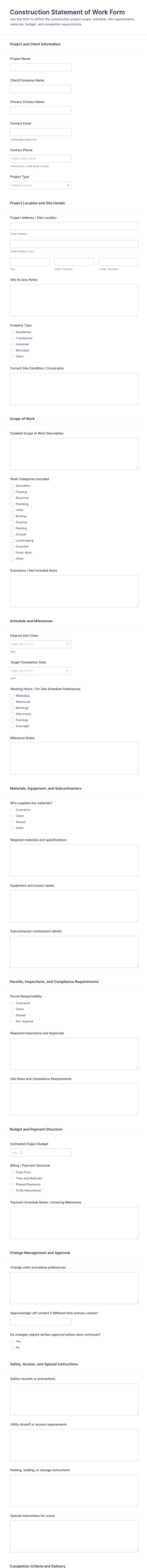 Construction Statement Of Work Form Template