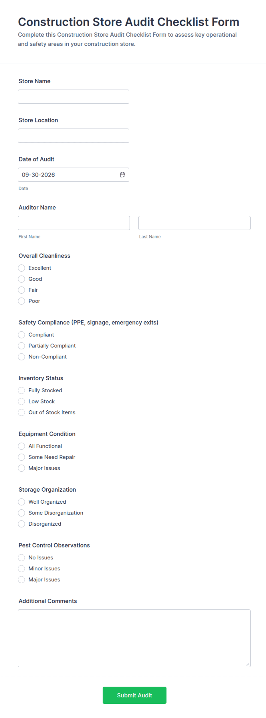 Construction Store Audit Checklist Form Template | Jotform