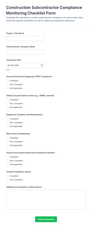 Construction Subcontractor Compliance Monitoring Checklist Form Template