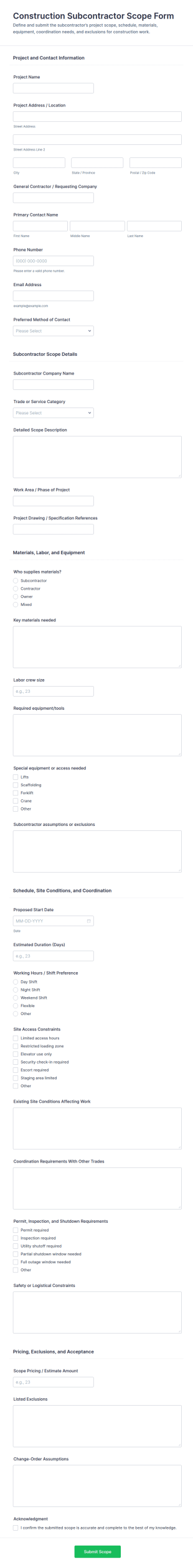 Construction Subcontractor Scope Form Template