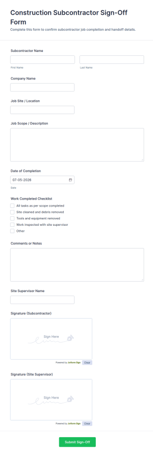 Construction Subcontractor Sign Off Form Template