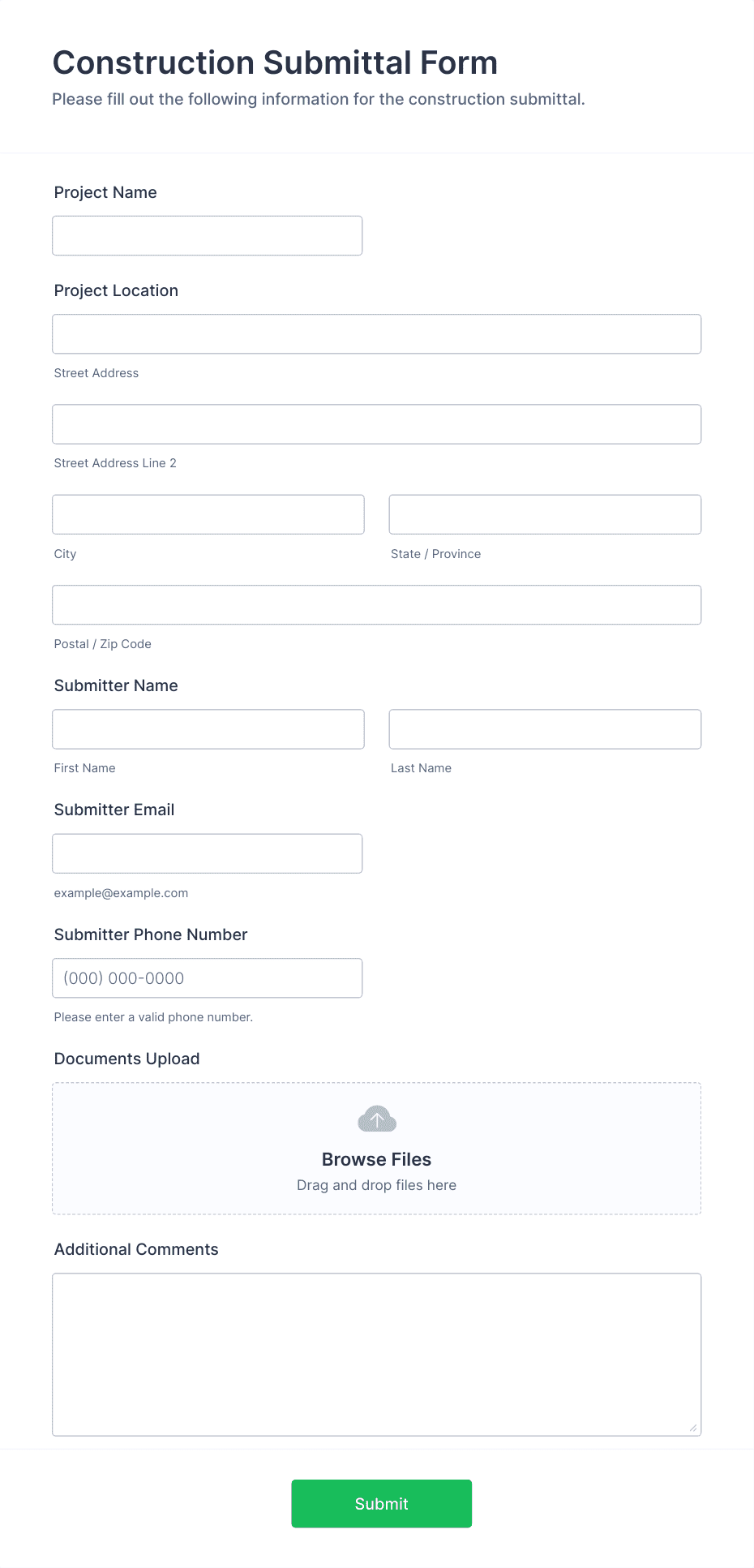 construction submittal form construction submittal form template | jotform