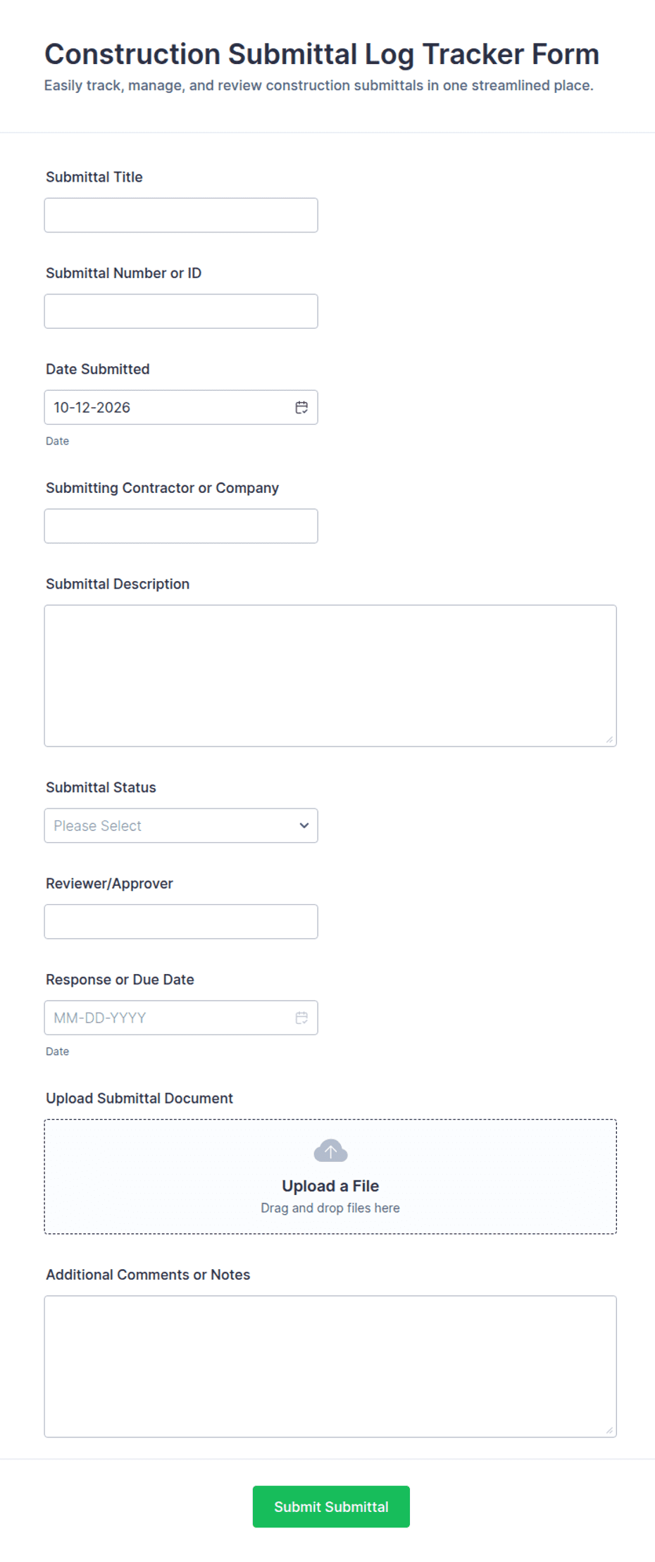 Construction Submittal Log Tracker Form Template | Jotform