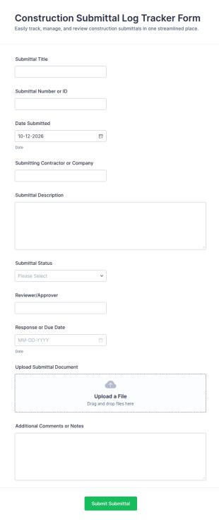 Construction Submittal Log Tracker Form Template