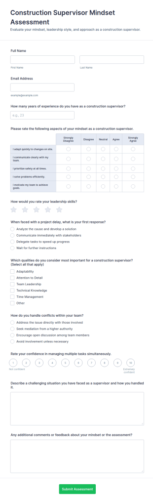 Construction Supervisor Mindset Assessment Form Template