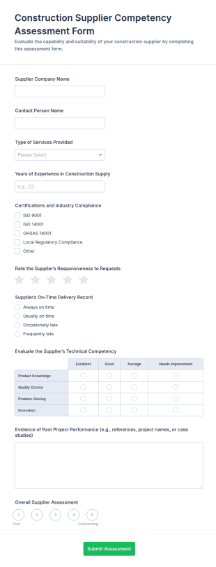 Construction Supplier Competency Assessment Form Template