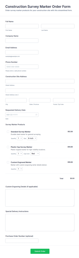 Construction Survey Marker Order Form Template
