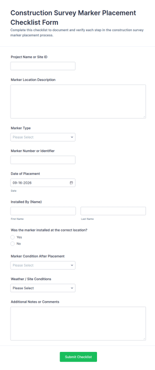 Construction Survey Marker Placement Checklist Form Template