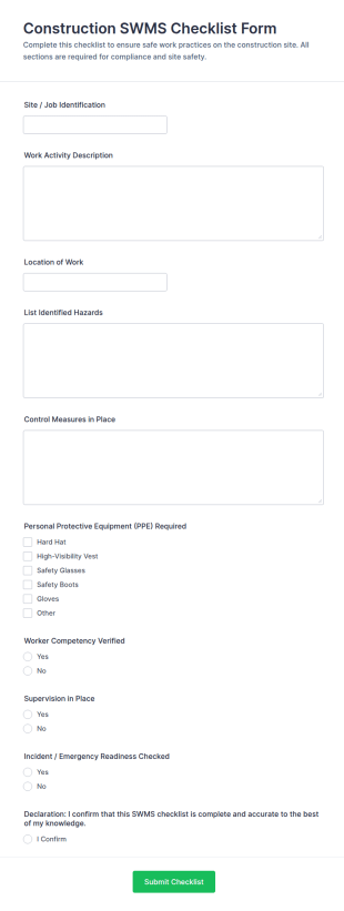 Construction SWMS Checklist Form Template