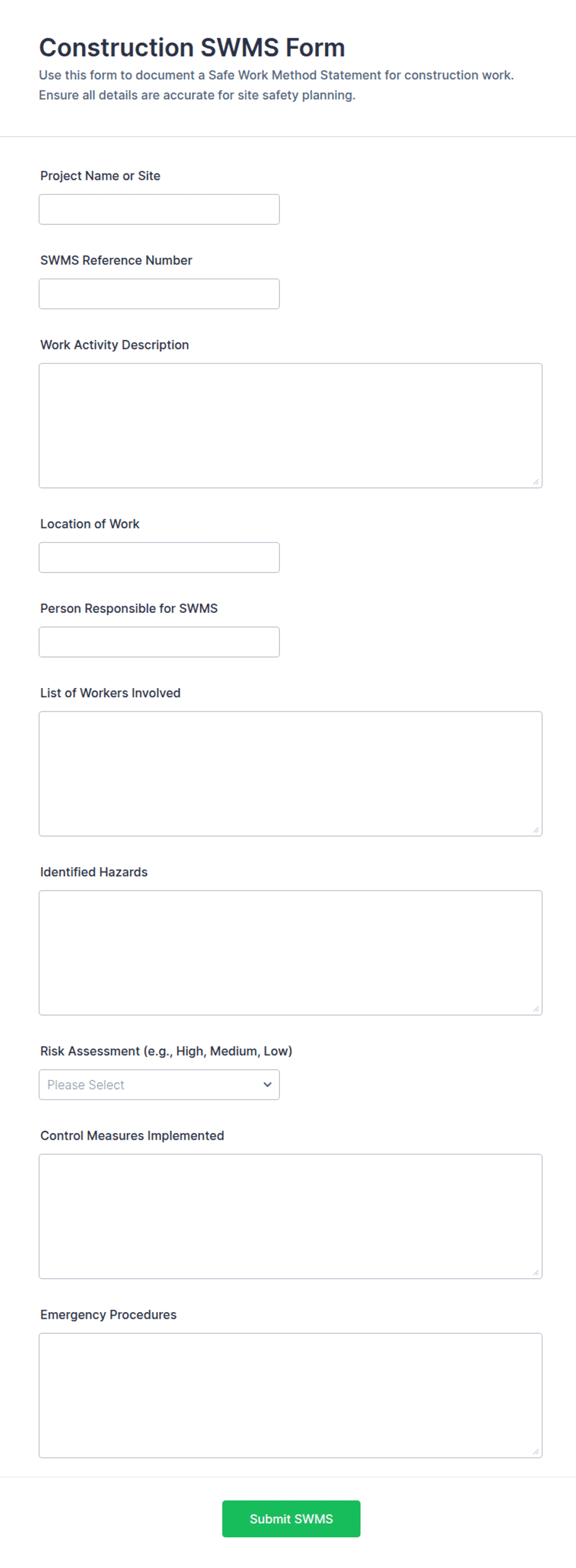 Sw Problem Report Form Construction SWMS Form Template | Jotform