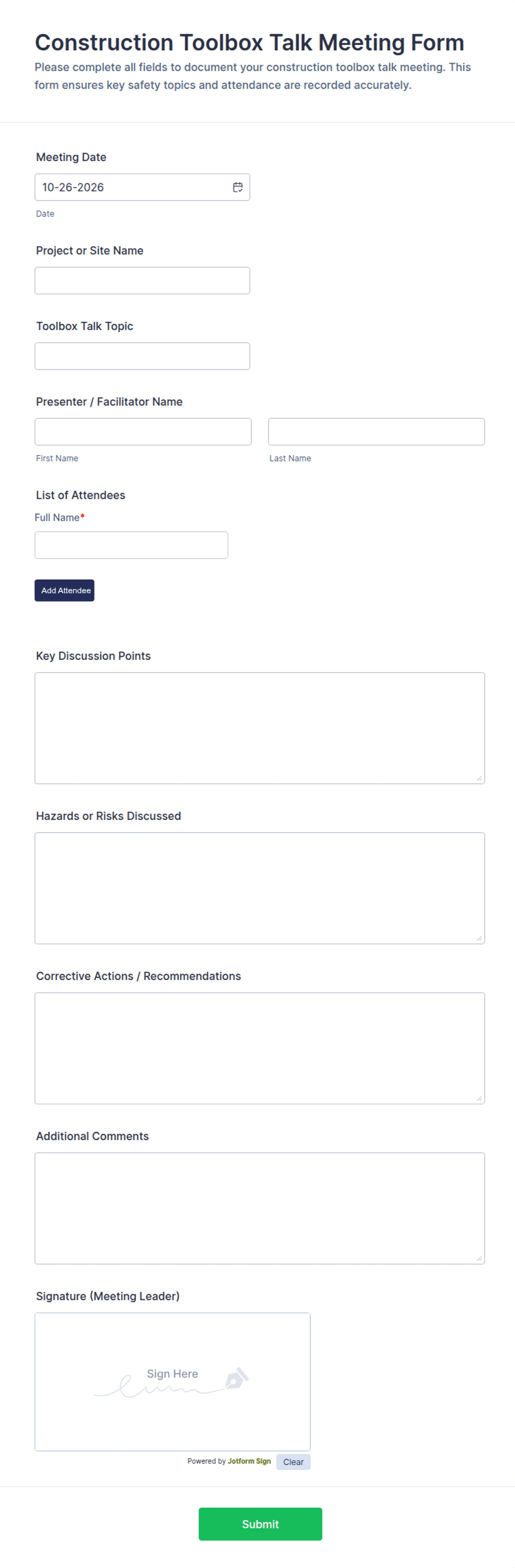 Construction Toolbox Talk Meeting Form Template | Jotform