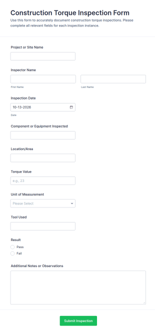Construction Torque Inspection Form Template