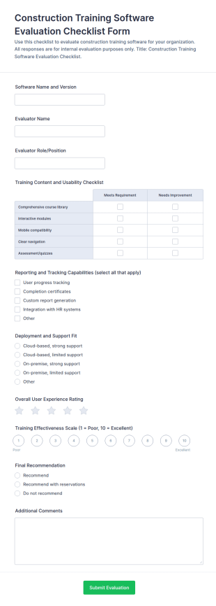 Construction Training Software Evaluation Checklist Form Template