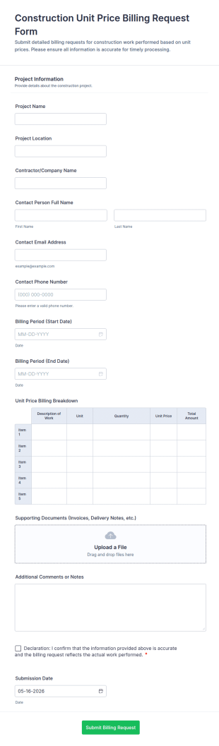 Construction Unit Price Billing Request Form Template