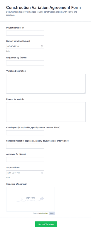 Construction Variation Agreement Form Template