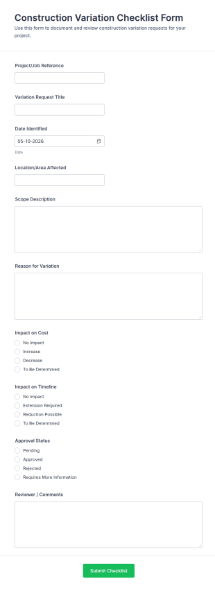 Construction Variation Checklist Form Template
