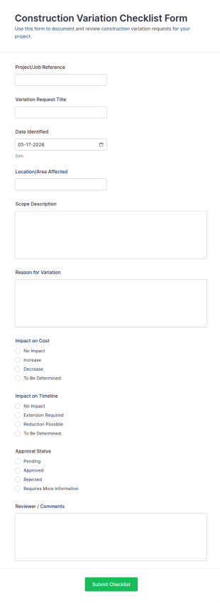 Construction Variation Checklist Form Template