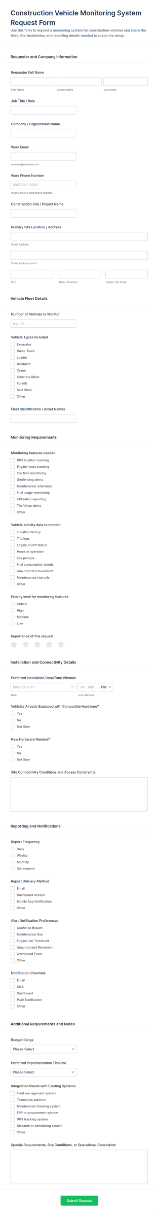 Construction Vehicle Monitoring System Request Form Template