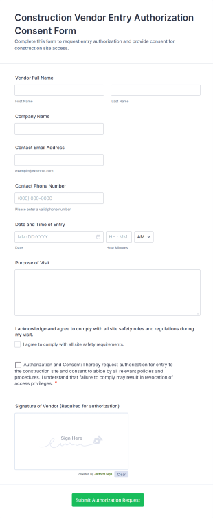 Construction Vendor Entry Authorization Consent Form Template
