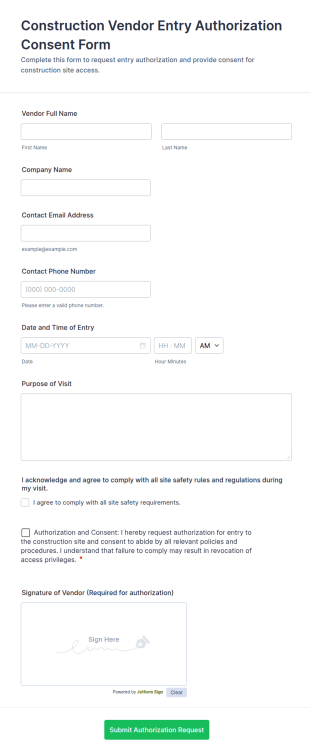 Construction Vendor Entry Authorization Consent Form Template