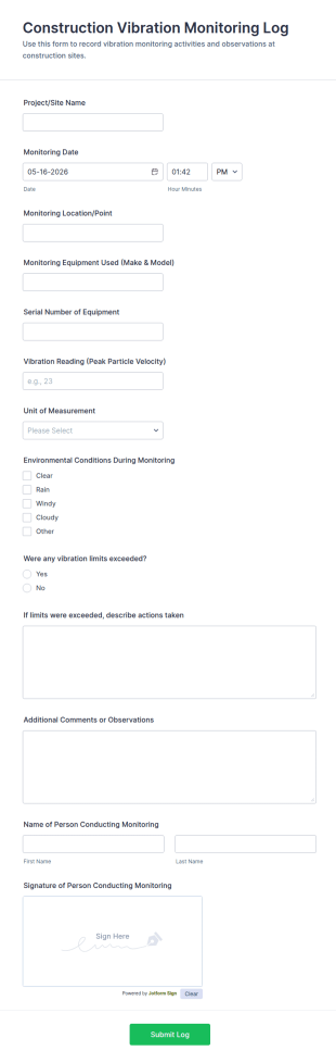 Construction Vibration Monitoring Log Form Template