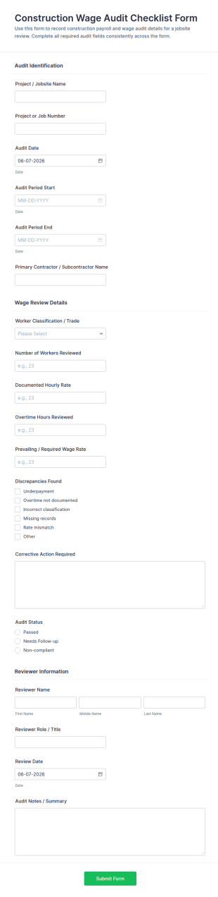 Construction Wage Audit Checklist Form Template