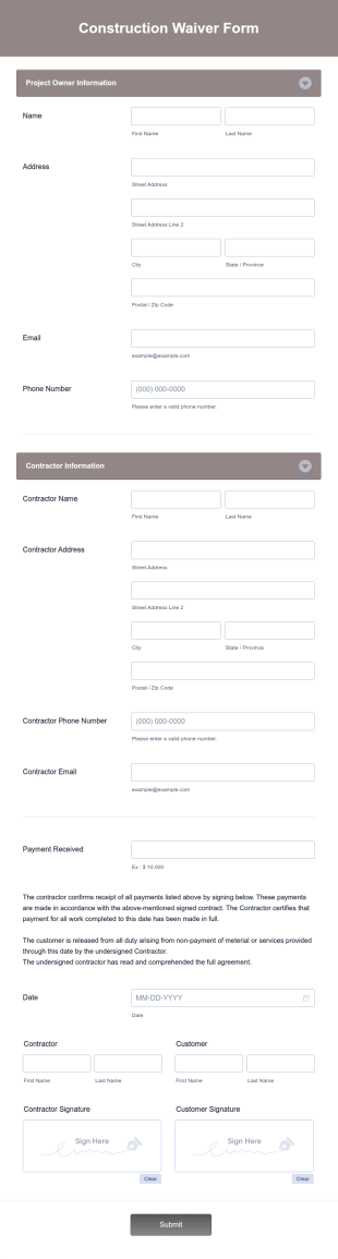 Construction Waiver Form Template